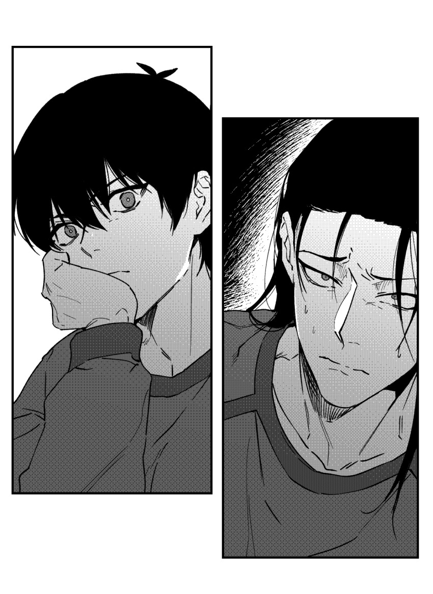 2boys, barou_shouei, blue_lock, border, closed_mouth, commentary_request, dodaengchi, greyscale, hair_down, hands_on_own_face, highres, isagi_yoichi, looking_at_another, male_focus, monochrome, multiple_boys, pajamas, screentones, short_hair, white_border