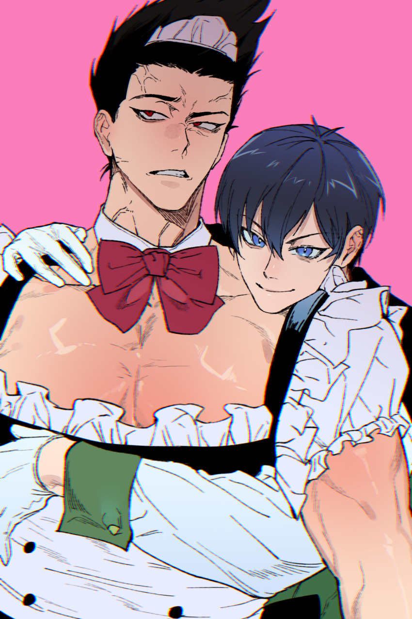 2boys, apron, bare_pectorals, barou_shouei, black_hair, blue_eyes, blue_hair, blue_lock, bow, bowtie, clenched_teeth, closed_mouth, commentary_request, crossdressing, crossdressing_(mtf), detached_collar, dodaengchi, frilled_apron, frills, gloves, head_on_another's_shoulder, height_difference, highres, hug, hug_from_behind, isagi_yoichi, looking_at_viewer, looking_to_the_side, maid, maid_apron, maid_headdress, male_focus, male_maid, multiple_boys, muscular, muscular_male, pectorals, pink_background, red_bow, red_bowtie, short_hair, simple_background, teeth, upper_body, white_apron, white_gloves