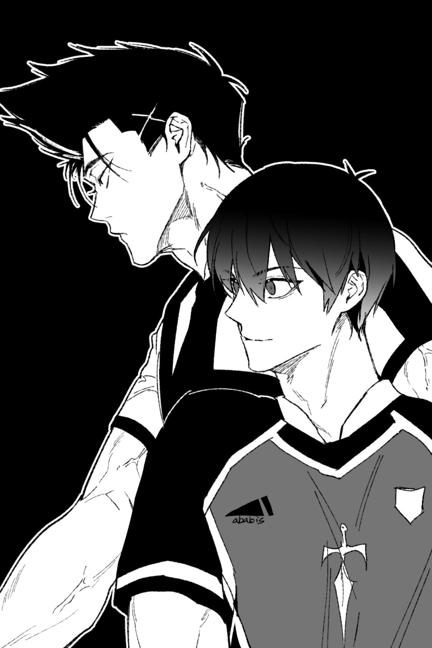 2boys, barou_shouei, bastard_munchen_soccer_uniform, black_background, blue_lock, closed_mouth, commentary_request, dodaengchi