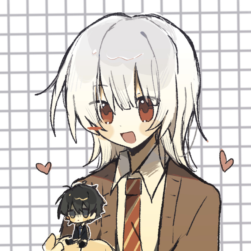 2boys, :d, akinashi_haru, black_hair, black_jacket, blue_eyes, blue_necktie, blush_stickers