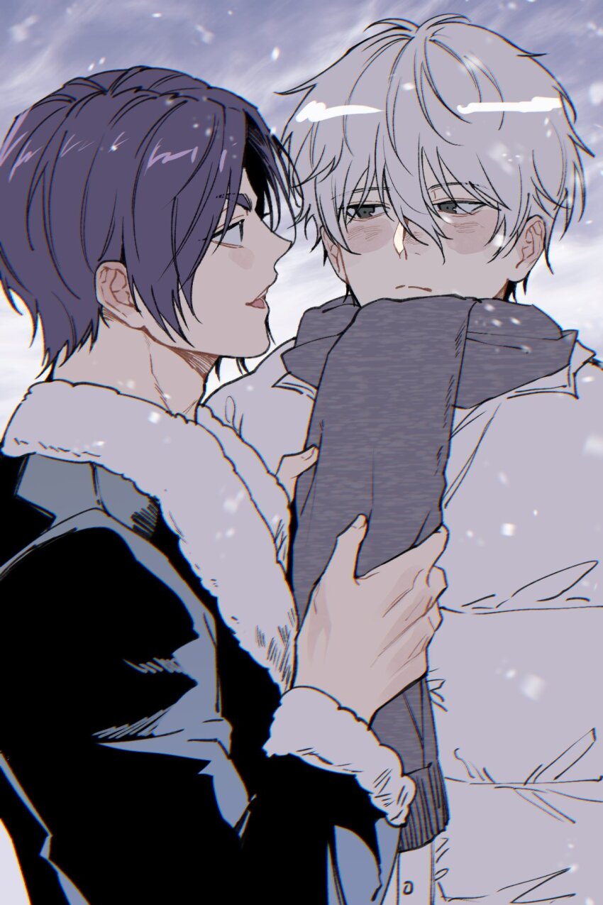 2boys, blue_lock, blush, closed_mouth, coat, commentary_request, dodaengchi, eye_contact