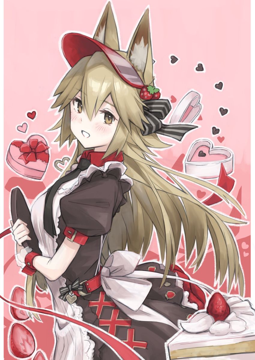 1girl, absurdres, animal_ear_fluff, animal_ears, arknights, black_dress, blonde_hair, box, breeze_(arknights), breeze_(half-sweet_strawberry)_(arknights), commentary_request, dress, food, fox_ears, fox_girl, fruit, heart, heart-shaped_box, highres, holding, long_hair, looking_at_viewer, official_alternate_costume, parted_lips, puffy_short_sleeves, puffy_sleeves, red_visor, semi_colon, short_sleeves, smile, solo, strawberry, visor_cap