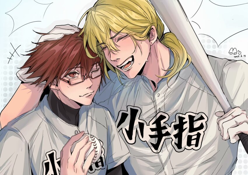 2boys, ball, baseball_(object), baseball_bat, baseball_uniform, blonde_hair, boukyaku_battery, chihaya_shunpei