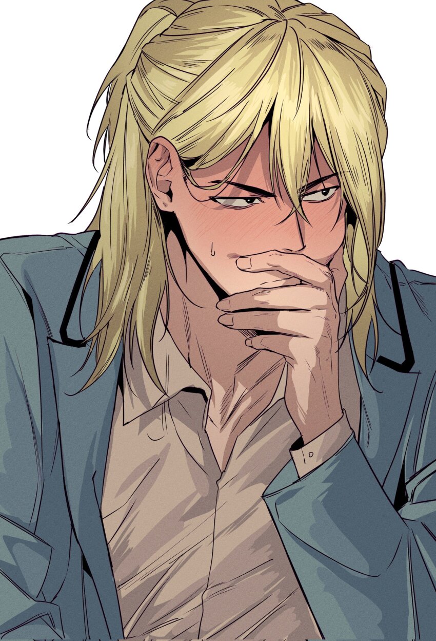1boy, averting_eyes, blonde_hair, blue_jacket, blush, boukyaku_battery, closed_mouth, collared_shirt