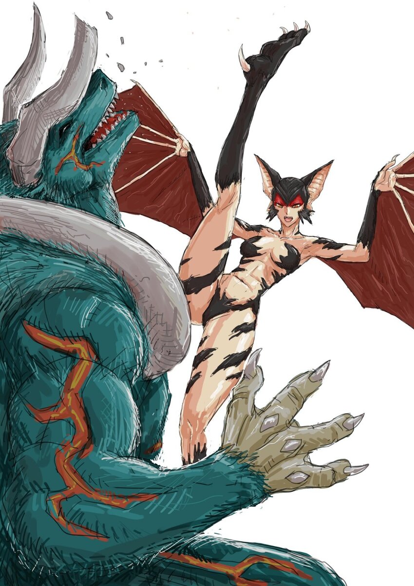 2girls, adi_(adivider), alternate_form, animal_ears, aqua_fur, bat_ears, bat_girl, bat_wings