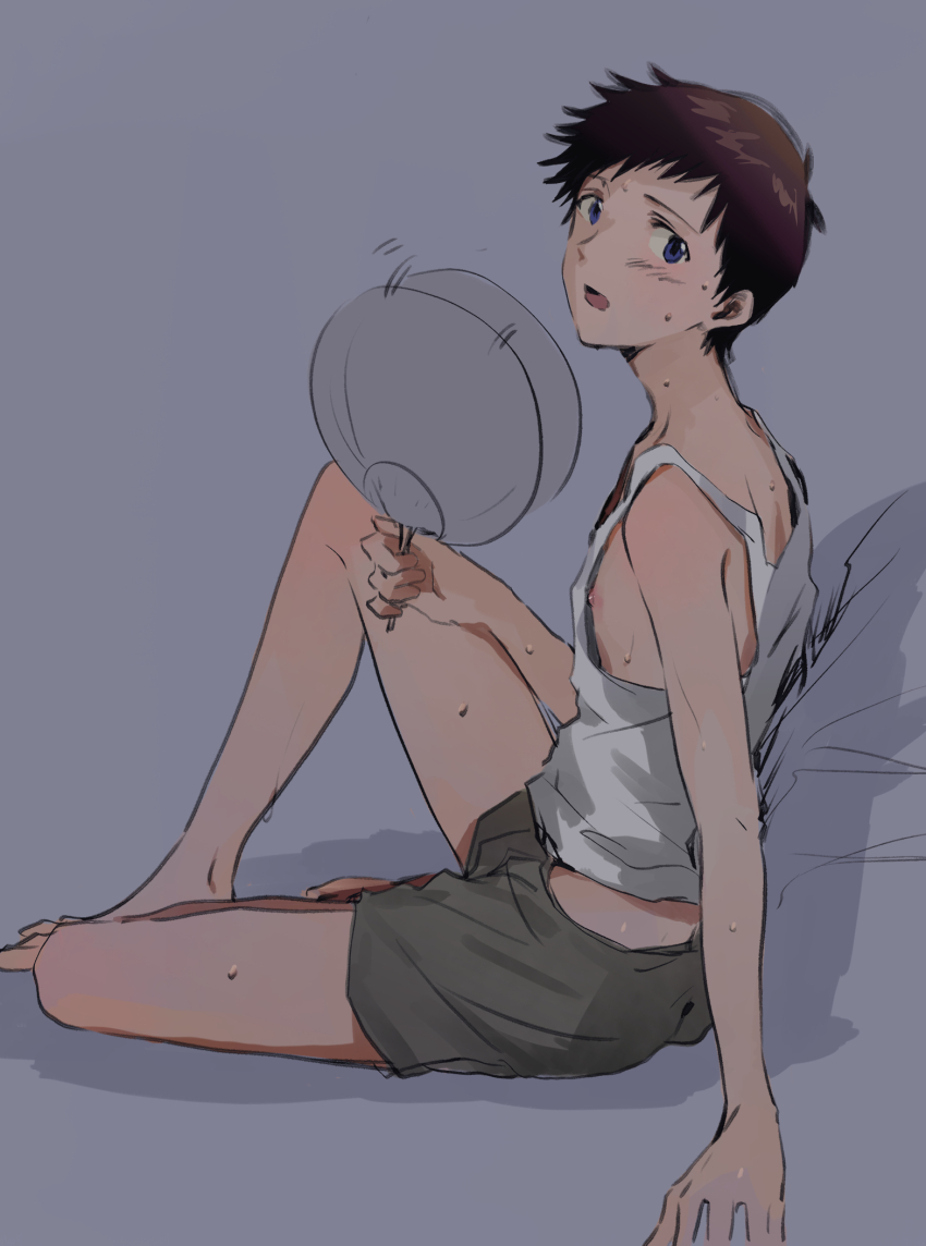 1boy, arm_support, blush, brown_hair, commentary_request, from_side, grey_shorts, hand_fan