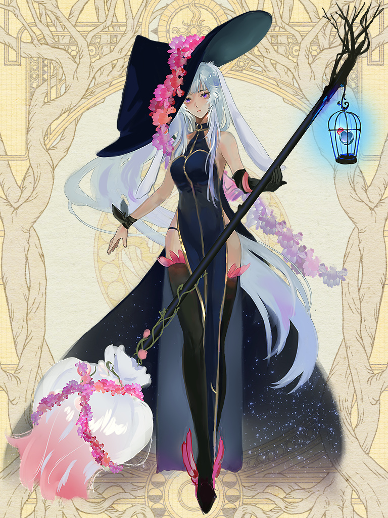 1girl, black_boots, black_dress, black_gloves, boots, breasts, dairoku_ryouhei, dress, flower, full_body, gloves, hat, hat_flower, holding, holding_staff, kaju_ai, long_hair, maojiumeng, purple_eyes, single_glove, solo, staff, thigh_boots, white_hair, witch_hat, yellow_background