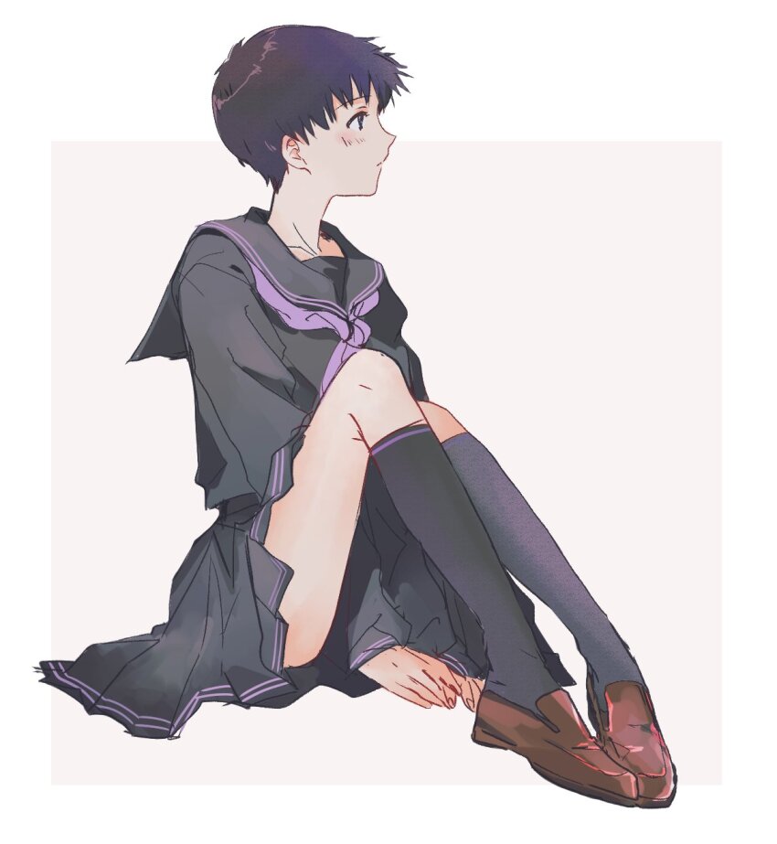 1boy, between_legs, black_sailor_collar, black_serafuku, black_skirt, black_socks, blush, brown_shoes