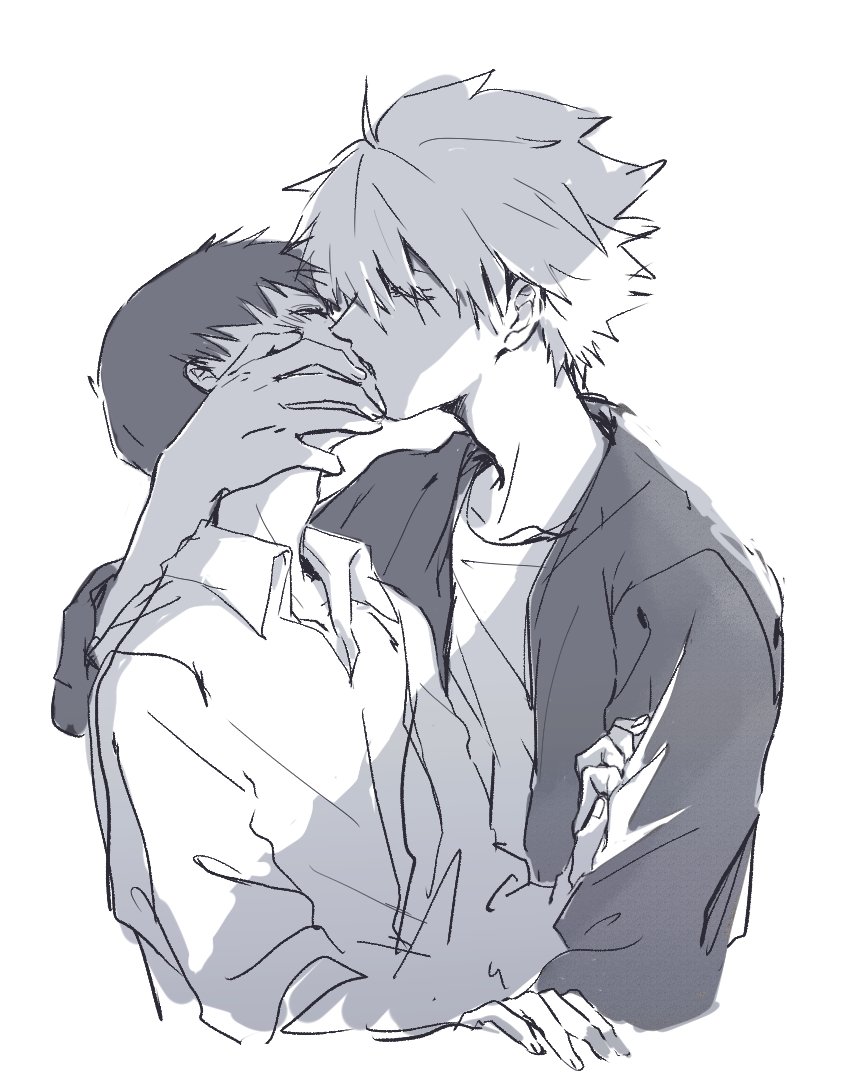 2boys, blush, closed_eyes, collared_shirt, cropped_torso, french_kiss, greyscale, height_difference