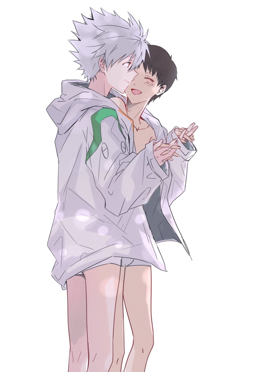2boys, black_hair, blush, closed_mouth, cowboy_shot, evangelion:_3.0_you_can_(not)_redo, from_side, grey_hair