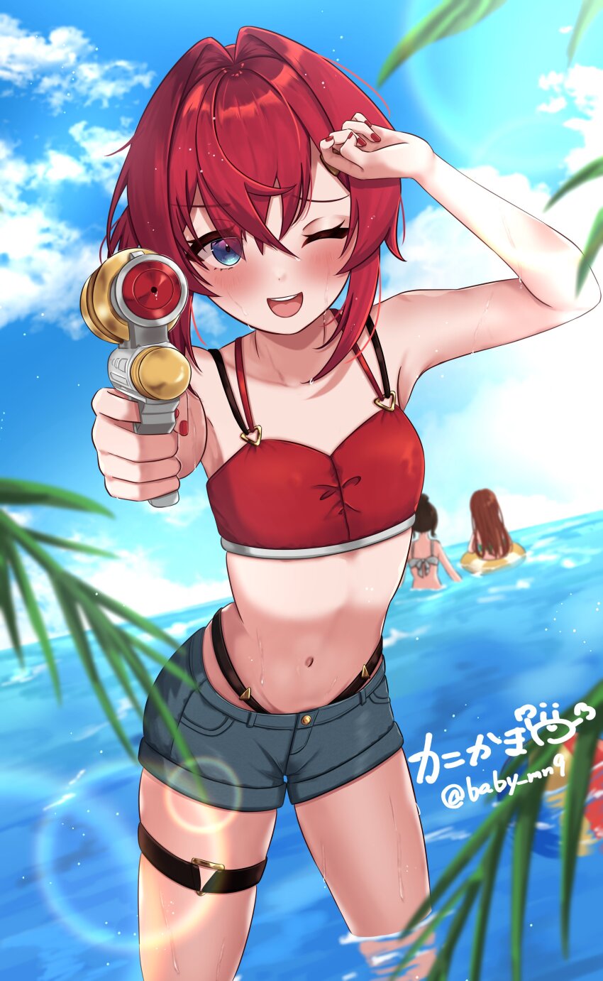 3girls, :d, absurdres, aiming, aiming_at_viewer, alternate_costume, ange_katrina, arm_up, baby_mn9, ball, bare_arms, beachball, bikini, bikini_bottom_under_shorts, bikini_under_clothes, blue_eyes, blue_shorts, blue_sky, blurry, blurry_foreground, blush, breasts, cloud, cowboy_shot, crossed_bangs, day, dutch_angle, hair_between_eyes, hair_intakes, hand_up, hashtag-only_commentary, highres, holding, holding_water_gun, lens_flare, looking_at_viewer, multi-strapped_bikini_top, multiple_girls, nail_polish, navel, nijisanji, o-ring, o-ring_thigh_strap, ocean, one_eye_closed, open_mouth, outdoors, people, ponytail, red_bikini, red_hair, red_nails, short_ponytail, shorts, sidelocks, sky, small_breasts, smile, solo_focus, standing, stomach, swimsuit, teeth, thigh_strap, upper_teeth_only, virtual_youtuber, wading, water, water_gun, wet