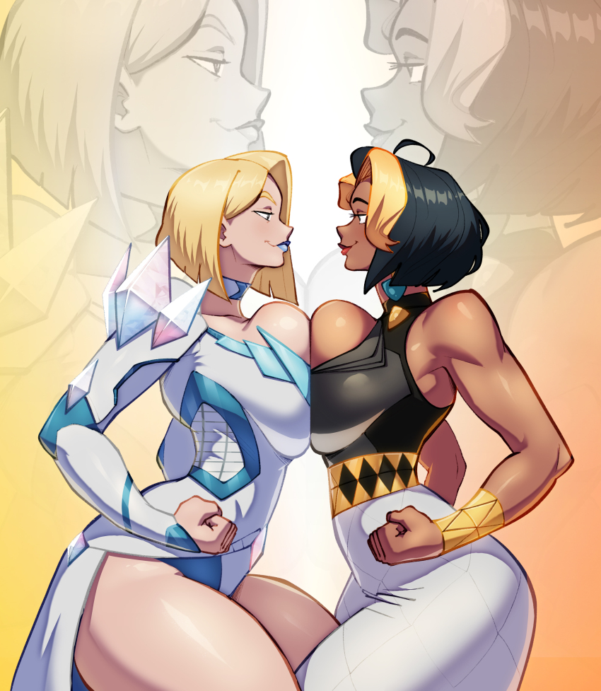 2girls, absurdres, akiman_pose, blonde_hair, blue_eyes, bob_cut, breast_press, breasts, cleavage_cutout, clothing_cutout, dark-skinned_female, dark_skin, diamond_(gemstone), domina_(overwatch), emma_frost, eye_contact, from_side, highres, huge_breasts, large_breasts, looking_at_another, marvel, marvel_rivals, mesiasart, multicolored_hair, multiple_girls, overwatch, short_hair, simple_background, symmetrical_docking, thick_thighs, thighs, zoom_layer