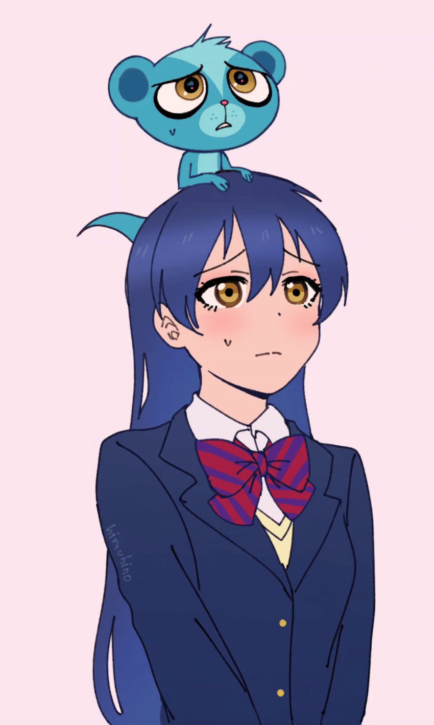 1boy, 1girl, animated, animated_gif, aqua_fur, artist_name, blue_hair, blue_suit, blush, bow, bowtie, collared_shirt, formal_clothes, highres, himuhino, littlest_pet_shop, littlest_pet_shop_(2012), love_live!, love_live!_school_idol_project, mongoose, mongoose_ears, mongoose_tail, nervous_sweating, shirt, sonoda_umi, suit, sunil_nevla, sweat, sweatdrop, tail, tail_wagging, white_background, white_shirt, yellow_eyes