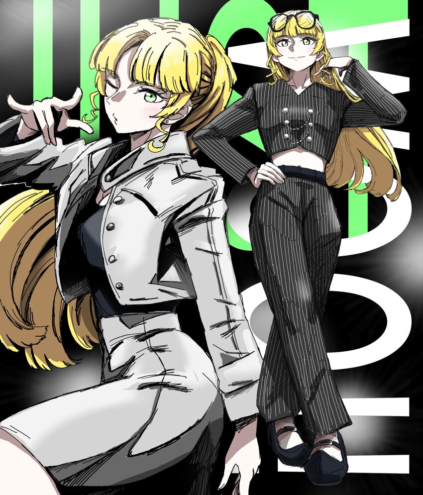1girl, black-framed_eyewear, black_pants, black_shirt, black_shoes, blonde_hair, blunt_bangs, breasts, buttons, cleavage, closed_mouth, commentary, conodon2, double-breasted, earrings, english_commentary, eyewear_on_head, glasses, green_eyes, grey_jacket, grey_skirt, hand_on_own_hip, heanna_sumire, highres, jacket, jewelry, just_woo!!, liella!_solo_outfit_design_vote, long_hair, looking_at_viewer, love_live!, love_live!_superstar!!, mary_janes, midriff, multiple_views, open_clothes, open_jacket, pants, parted_bangs, pinstripe_pants, pinstripe_pattern, pinstripe_shirt, ponytail, shirt, shoes, sidelocks, skirt, song_name, split_mouth, stud_earrings