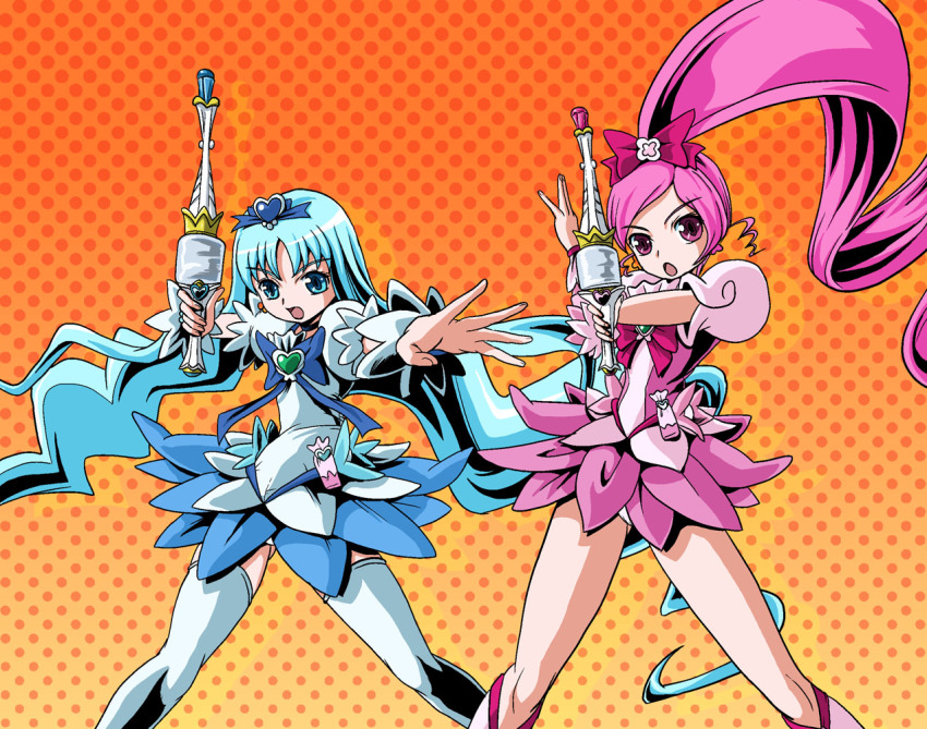 10s, 2girls, bad_id, bad_pixiv_id, blue_eyes, blue_hair, blue_skirt, bow