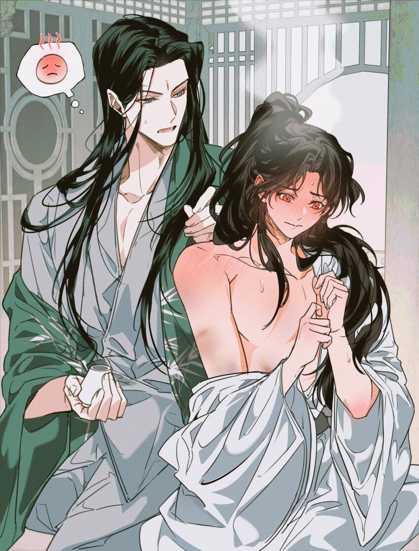 2boys, absurdres, applying_ointment, architecture, aroused, bamboo_print, bare_pectorals, black_hair