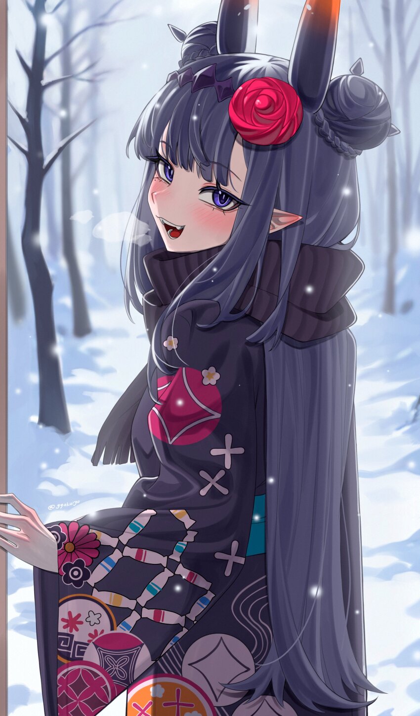 1girl, absurdres, akar1_akar1, artist_name, bare_tree, black_scarf, blush, braid