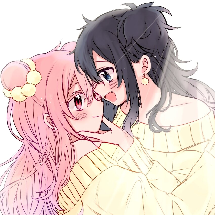 2girls, bare_shoulders, black_hair, blue_eyes, blush, closed_mouth, double_bun, earrings