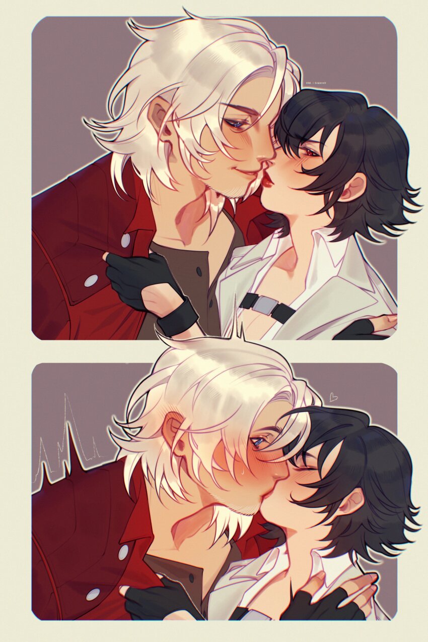 1boy, 1girl, absurdres, assertive_female, black_gloves, black_hair, blue_eyes, blush