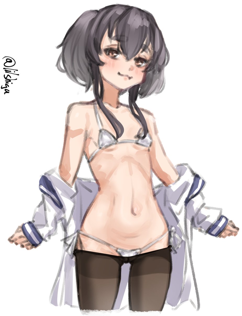 1girl, bikini, black_hair, black_pantyhose, breasts, brown_eyes, commentary_request, dress