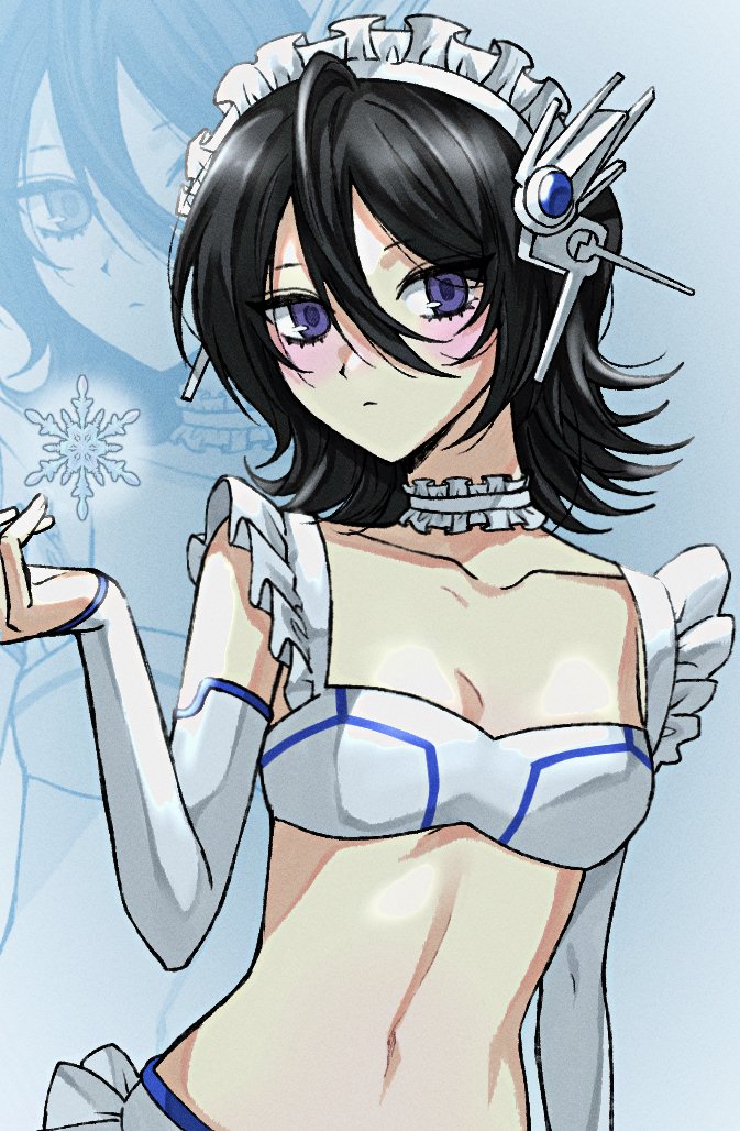 1girl, amugonagurim, black_hair, bleach, blue_background, blush, breasts, choker, cleavage, closed_mouth, crop_top, detached_sleeves, frilled_sleeves, frills, hair_between_eyes, headset, kuchiki_rukia, looking_at_viewer, maid_headdress, medium_breasts, medium_hair, midriff, navel, purple_eyes, ribbon_choker, snowflakes, solo, upper_body, white_choker, white_sleeves
