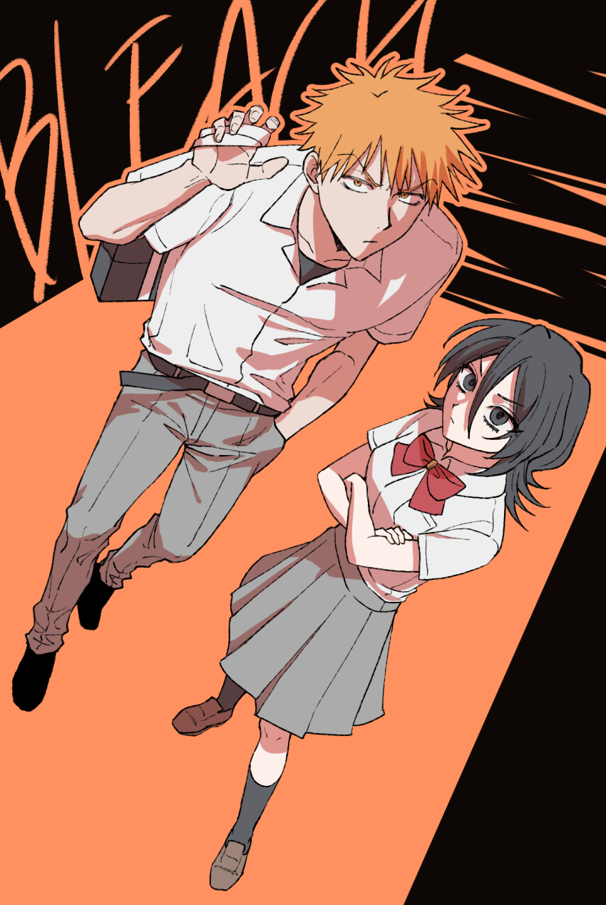 1boy, 1girl, amugonagurim, belt, black_belt, black_hair, black_socks, bleach