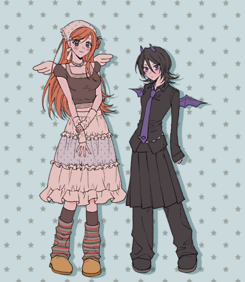 2girls, amugonagurim, angel_wings, bat_wings, black_hair, black_pants, black_shirt, black_shoes