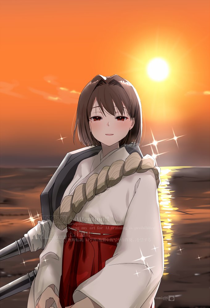 1girl, adapted_turret, brown_eyes, cannon, commentary_request, cowboy_shot, hair_intakes, hakama, horizon, hyuuga_(kancolle), hyuuga_(miko)_(kancolle), japanese_clothes, kantai_collection, kimono, kimura_shiki, ocean, official_alternate_costume, orange_sky, red_hakama, rope, short_hair, sky, solo, sparkle, sunset, white_kimono