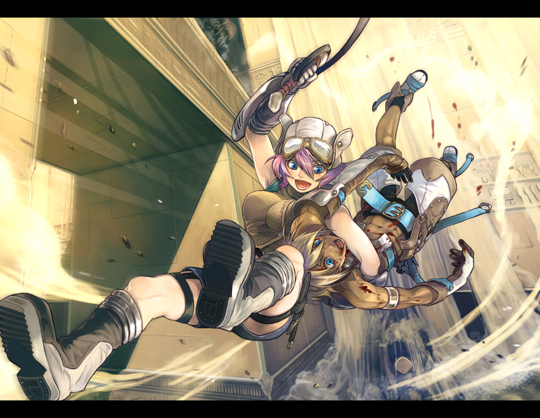1boy, 1girl, abs, architecture, armlet, belt, black_boots, black_gloves, black_shorts, black_socks, blonde_hair, blood, blood_on_arm, blood_on_face, blood_on_stomach, blue_belt, blue_eyes, boots, breasts, brown_shirt, carrying, carrying_person, carrying_under_arm, commentary_request, dagger, dark-skinned_male, dark_skin, debris, dynamic_pose, falling_sand, fold-over_boots, full_body, gauntlets, gloves, goggles, goggles_on_headwear, hair_between_eyes, hat, hieroglyphics, holster, jewelry, knife, large_breasts, letterboxed, multicolored_boots, navel, open_mouth, outdoors, pink_hair, pixiv_fantasia, pixiv_fantasia_2, piyo, shirt, shorts, sleeveless, sleeveless_shirt, smile, smoke, socks, swinging_on_rope, thigh_holster, thigh_strap, tree, two-sided_gloves, two-tone_boots, weapon, white_boots, white_gloves, white_hat, white_shorts