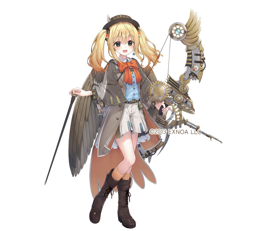 1girl, :d, alice_(sennen_sensou_aigis), arrow_(projectile), black_boots, blonde_hair, blue_shirt, boots