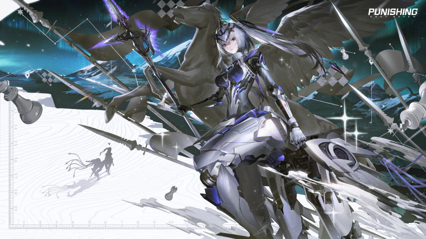 1girl, absurdres, breasts, centaur, chess_piece, cyborg, forehead_protector, grey_hair