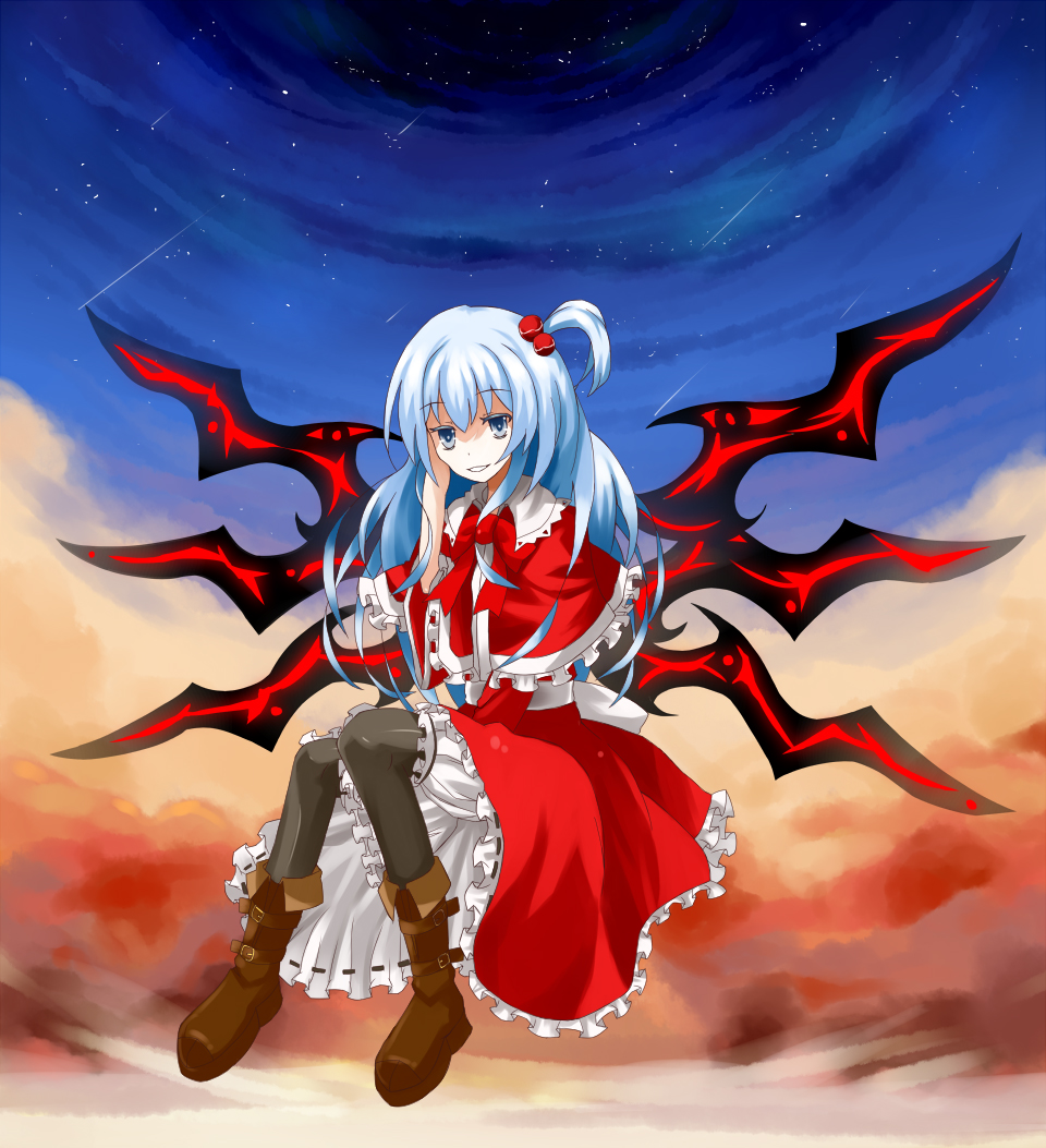 1girl, bloomers, blue_eyes, boots, capelet, dress, female_focus, full_body, hair_bobbles, hair_ornament, long_hair, mystic_square, nanatuki13, outdoors, pantyhose, shinki_(touhou), side_ponytail, silver_hair, sky, smile, solo, star_(sky), star_(symbol), touhou, touhou_(pc-98), underwear, wings