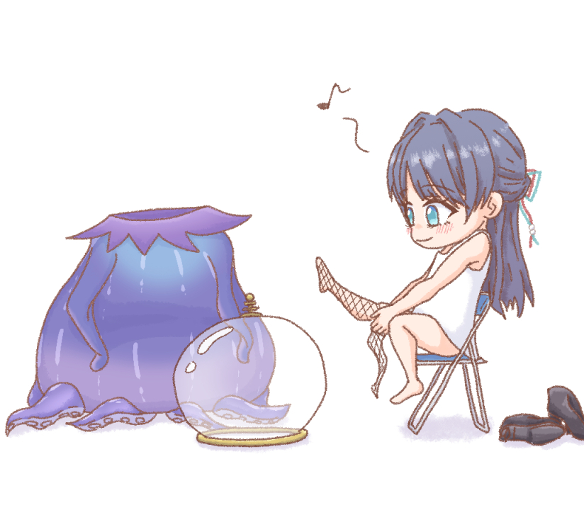 1girl, alien_costume, black_hair, black_shoes, blue_eyes, blue_ribbon, blush, chair