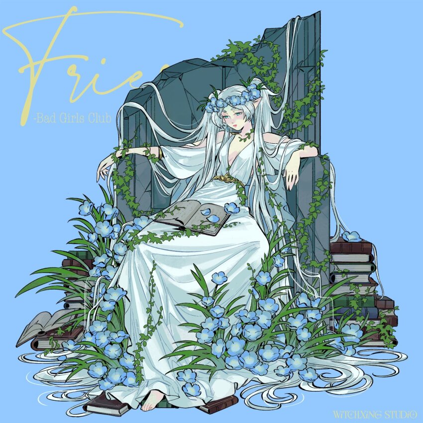 1girl, absurdly_long_hair, bare_shoulders, barefoot, blue_background, blue_flower, book, book_stack