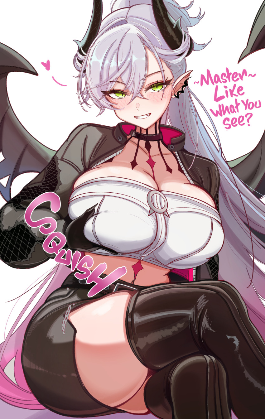 0nineo9, 1girl, absurdres, bat_wings, black_choker, black_thighhighs, blush, breasts, choker, colored_extremities, commentary, commission, commissioner_upload, crossed_legs, demon_horns, english_commentary, english_text, fate/grand_order, fate_(series), gradient_hair, green_eyes, heart, highres, horns, jacket, large_breasts, lilith_(fate), lilith_(over_the_same_sky)_(fate), long_hair, multicolored_hair, neck_tattoo, non-web_source, pencil_skirt, ponytail, pubic_tattoo, skirt, smile, solo, tattoo, thighhighs, very_long_hair, white_hair, wings