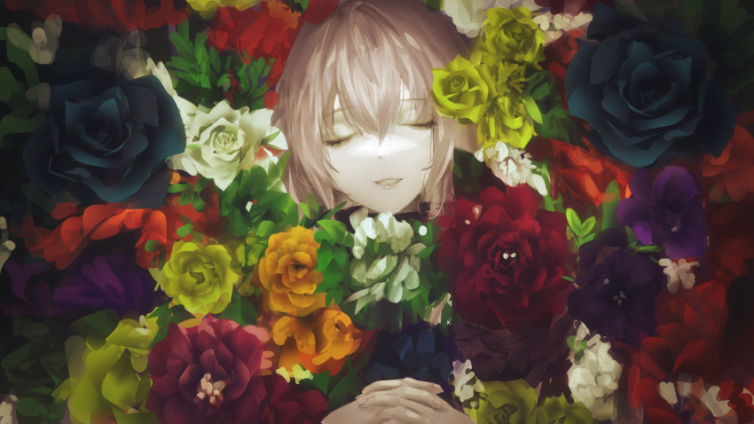 1girl, absurdres, closed_eyes, commentary, flower, highres, leia_(vocaloid), lying