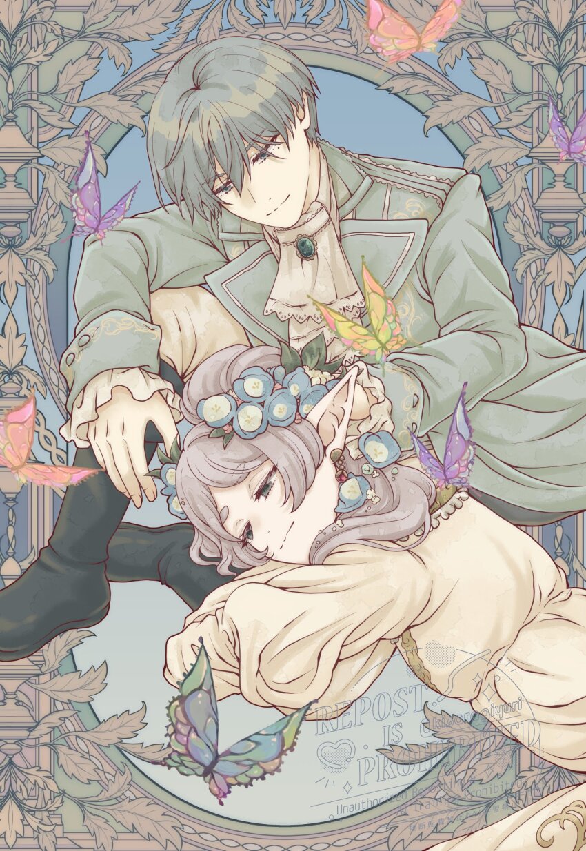 1boy, 1girl, aqua_jacket, ascot, black_boots, blue_flower, boots, bug