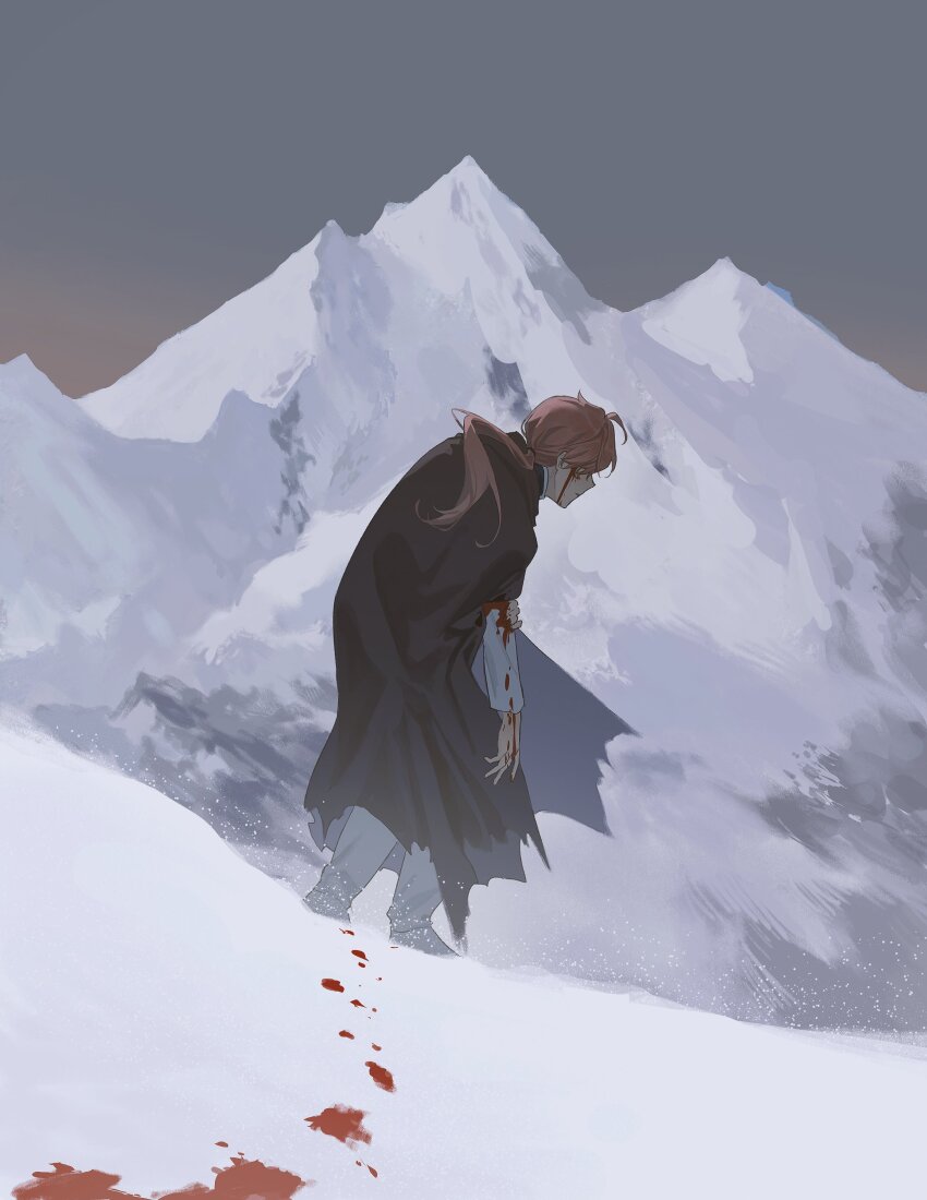 1boy, absurdres, ahoge, black_cape, bleeding, blood, blood_on_arm, blood_on_clothes