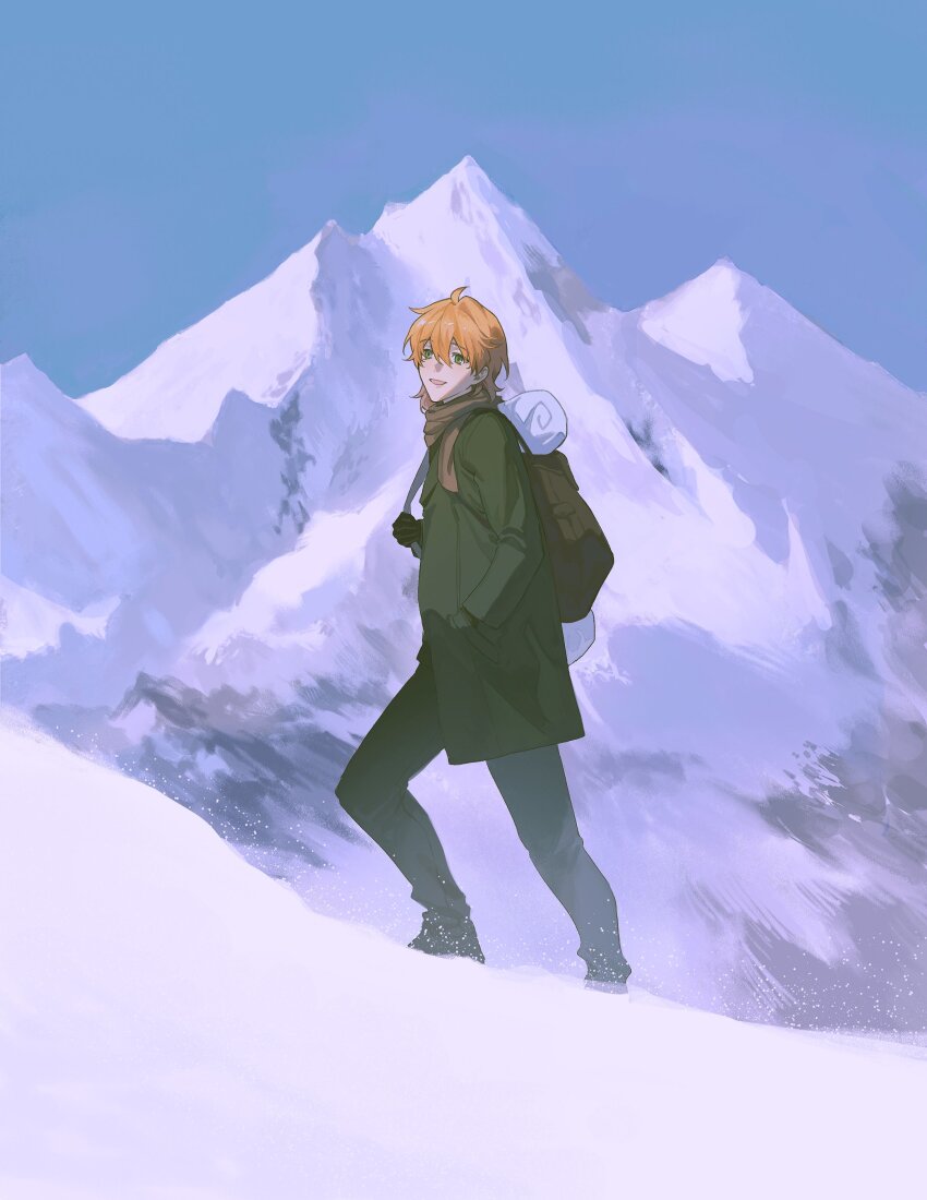 1boy, absurdres, ahoge, alternate_costume, backpack, bag, black_coat, black_gloves