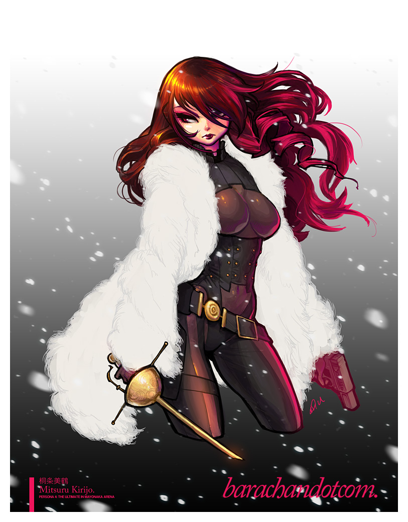 1girl, atlus, barachan, belt, bodysuit, breasts, coat, evoker, female_focus, framed_breasts, fur, fur_coat, gun, hair_over_one_eye, kirijou_mitsuru, large_breasts, lipstick, long_hair, makeup, persona, persona_3, persona_4:_the_ultimate_in_mayonaka_arena, rapier, red_eyes, red_hair, snow, solo, sword, weapon, winter