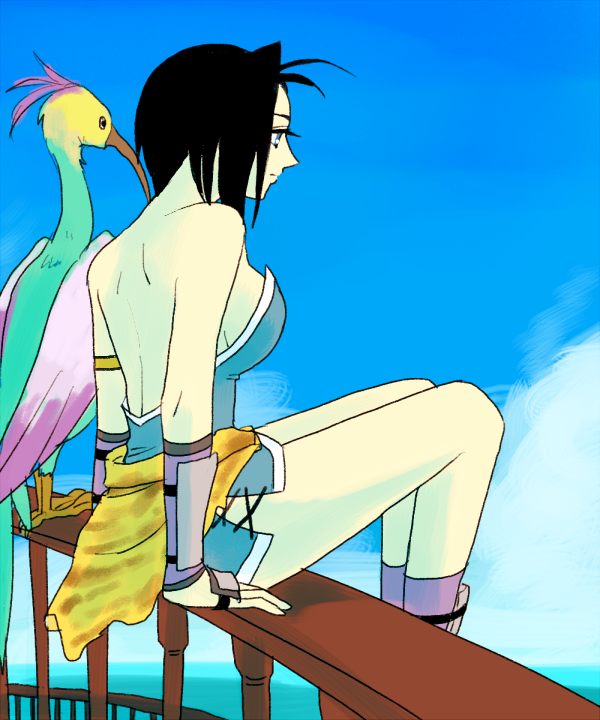 1girl, bare_shoulders, bird, black_hair, blue_dress, breasts, closed_mouth, cloud, commentary_request, dress, full_body, gensou_suikoden, gensou_suikoden_iv, kamo_(soisoipor), medium_breasts, mizuki_(suikoden), ninja, short_dress, short_hair, sitting, sleeveless, sleeveless_dress, solo, strapless, strapless_dress