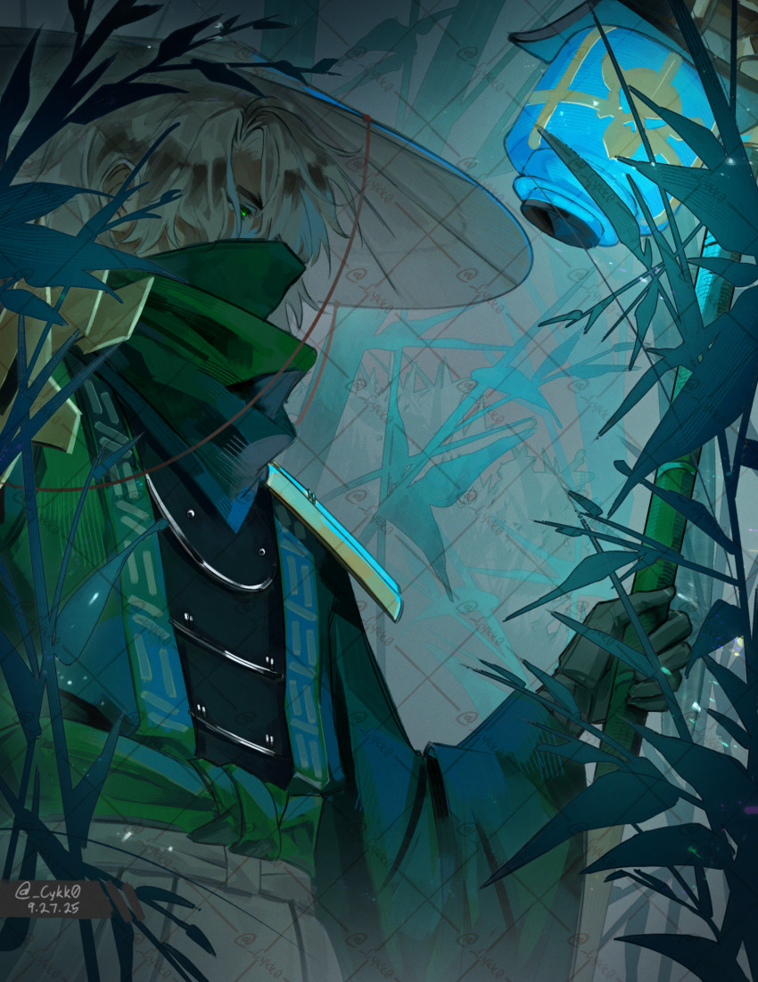 1boy, animification, armor, artist_name, bamboo, black_gloves, blonde_hair, commentary