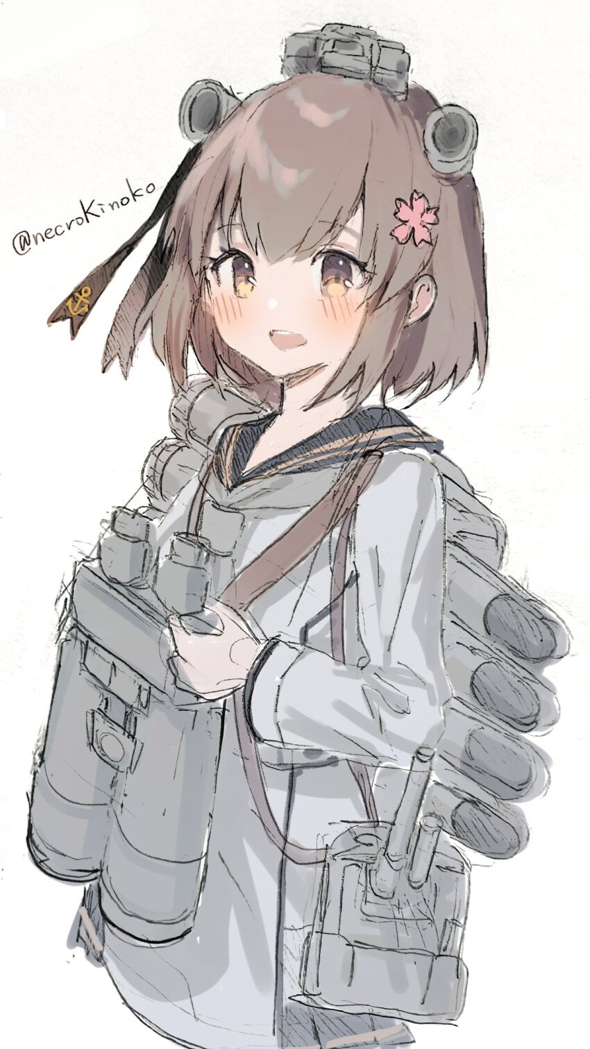 1girl, binoculars, blue_sailor_collar, breasts, brown_eyes, brown_hair, cherry_hair_ornament, commentary_request