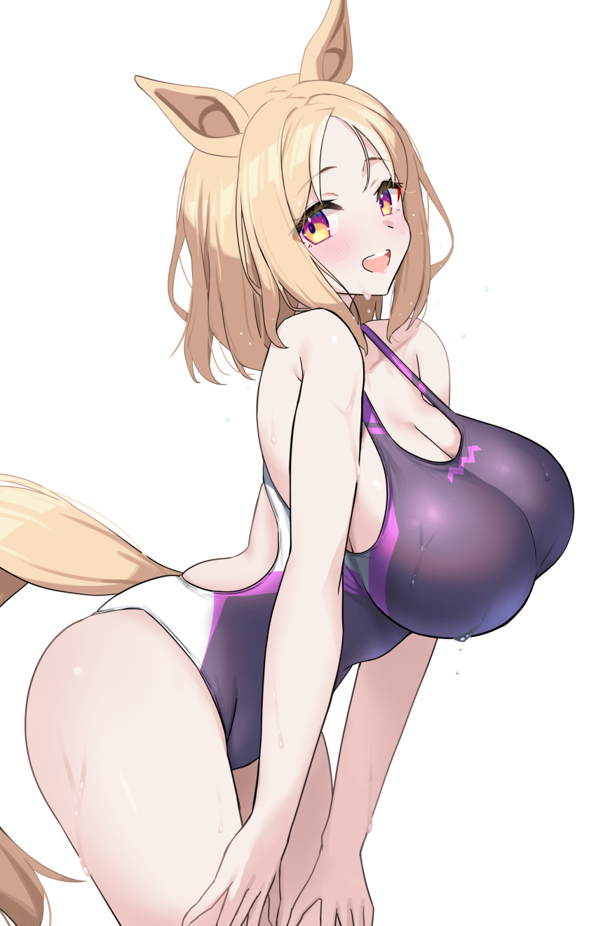 1girl, absurdres, animal_ears, black_one-piece_swimsuit, blonde_hair, blush, breasts, cleavage