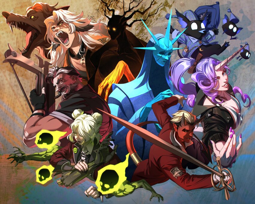 4boys, 4girls, apollo_(deadlock), archmother_(deadlock), beard, black_hair, black_jacket, black_shirt, blank_eyes, breasts, celeste_(deadlock), check_gender, cleavage, commentary, commentary_request, creature, cropped_torso, deadlock_(game), dual_persona, english_commentary, facial_hair, floating_skull, formal_clothes, full_beard, gender_request, graves_(deadlock), grin, hidden_king_(deadlock), highres, holding, jacket, korean_commentary, long_hair, looking_at_viewer, mixed-language_commentary, multiple_boys, multiple_girls, muscular, muscular_male, mustache, open_mouth, purple_hair, rapier, red_suit, rem_(deadlock), sharp_teeth, shirt, short_hair, silver_(deadlock), smile, suit, sword, teeth, thick_mustache, twintails, ulsae1995, unicorn_girl, venator_(deadlock), weapon, white_hair, yellow_eyes