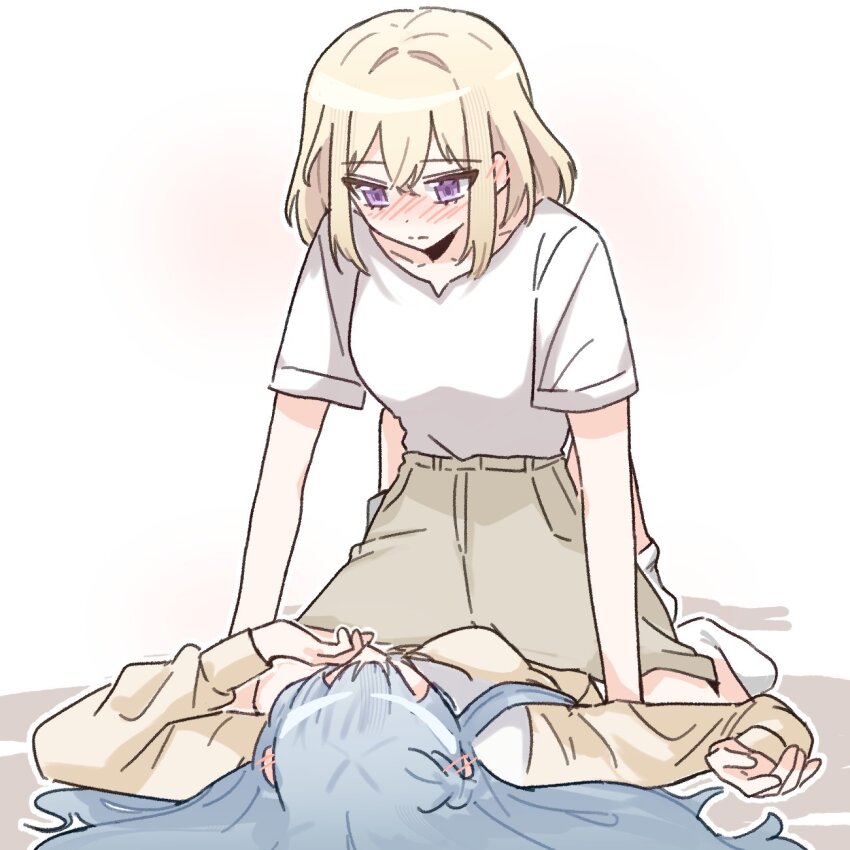 2girls, at_09098, bang_dream!, bang_dream!_it's_mygo!!!!!, blonde_hair, blue_hair, blush, brown_skirt