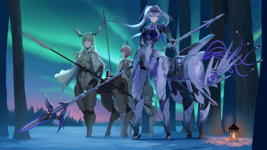 3girls, absurdres, animal_ears, antlers, aurora, bodysuit, breasts, centaur, chinese_commentary, cloak, closed_mouth, commentary_request, cyborg, diana_(pgr), forehead_protector, frozen-sad, full_body, green_hair, grey_bodysuit, grey_hair, hair_between_eyes, hair_ornament, headgear, high-heeled_mechanical_legs, highres, holding, holding_polearm, holding_weapon, horns, horse_ears, joints, lantern, large_breasts, long_hair, looking_to_the_side, mecha_musume, mechabare, mechanical_arms, mechanical_ears, mechanical_legs, mechanical_tail, medium_breasts, multiple_girls, multiple_legs, night, outdoors, pink_hair, polearm, punishing:_gray_raven, purple_eyes, robot_joints, rosetta:_arete_(pgr), rosetta_(pgr), see-through_body, shadow, short_hair, sidelocks, snow, spear, standing, tail, taur, thrusters, tree, twintails, weapon, white_cloak, yellow_eyes