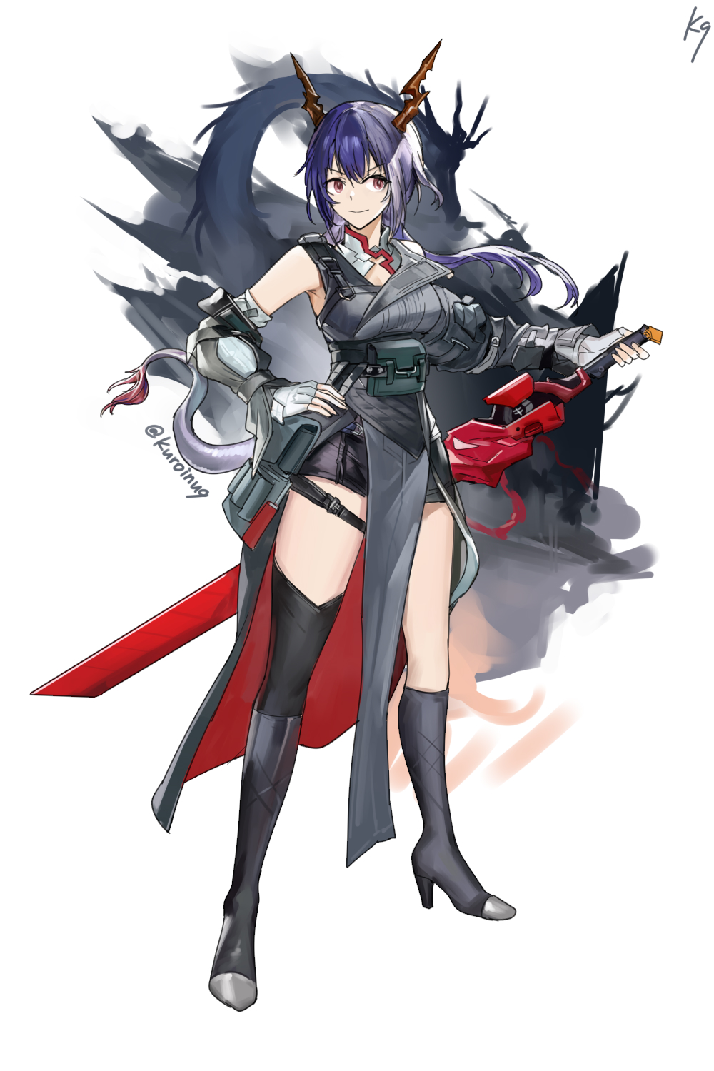 1girl, arknights, artist_name, black_boots, black_shirt, black_shorts, blue_hair, boots