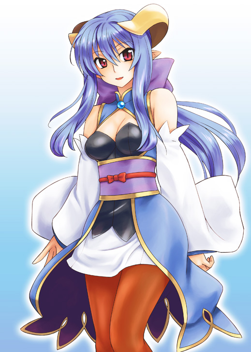 1girl, alternate_costume, bare_shoulders, blue_hair, bow, breasts, cleavage, cleavage_cutout, clothing_cutout, dress, female_focus, hair_bow, hikabe_sakuho, horns, ibarahime_shizuka, long_hair, medium_breasts, obi, pantyhose, pink_eyes, pointy_ears, sash, shinrabanshou, solo