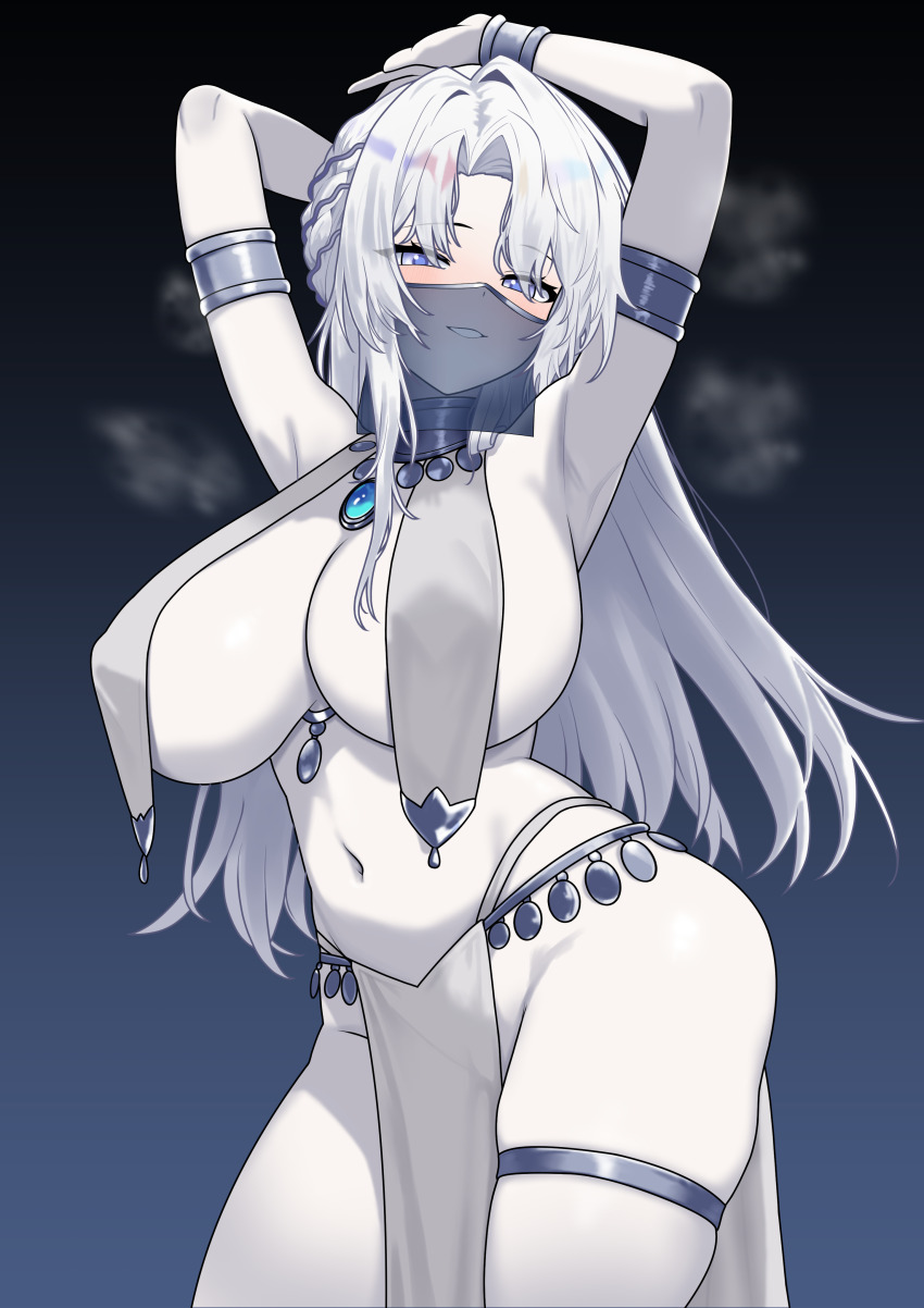 1girl, absurdres, aqua_gem, arm_behind_head, armlet, armpits, arms_up, black_background, blue_eyes, blue_gem, bracelet, breast_curtains, breasts, collar, colored_skin, commentary, dancer, english_commentary, gem, golbang, gradient_background, grin, groin, hair_between_eyes, harem_outfit, hexia, highres, huge_breasts, jewelry, leviyan_(hexia), light_smile, long_hair, looking_at_viewer, mouth_veil, navel, pale_skin, parted_bangs, parted_lips, pelvic_curtain, see-through_clothes, see-through_veil, sideboob, smile, solo, steam, stomach, thigh_strap, thighs, underboob, veil, very_long_hair, virtual_youtuber, white_hair, white_skin